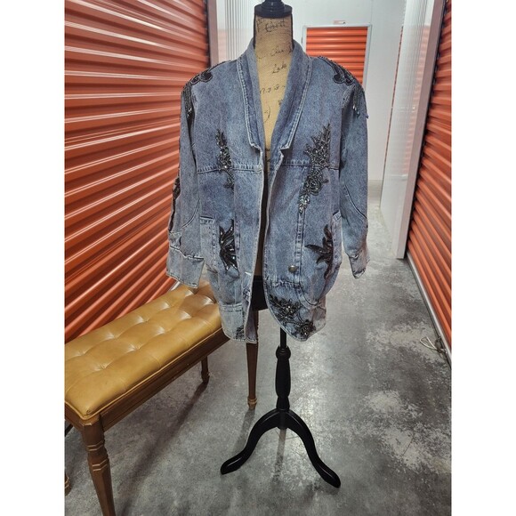 Oversized Embroidered Sequined Blue Jean Jacket Size Medium - Picture 2 of 9